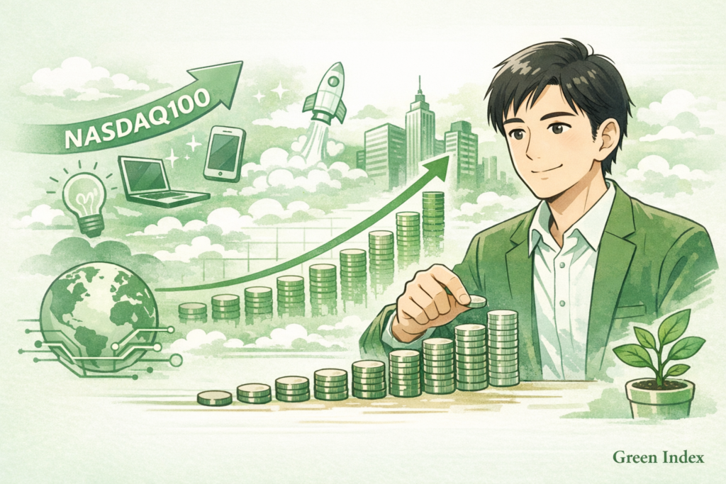 ナスダック100にコツコツ投資する男性のイメージ