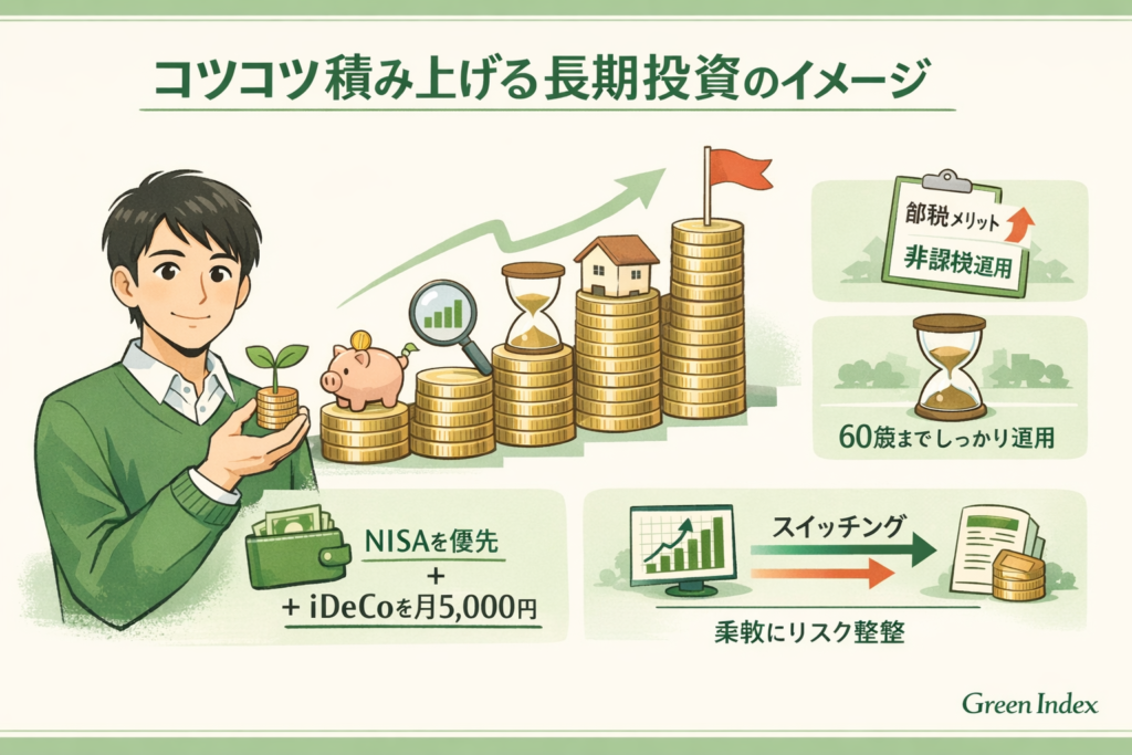落ち着いた緑基調の図解イラスト。30代の男性がコインの上に芽を乗せて微笑み、長期投資の積み上げを表現。右側には「節税メリット・非課税運用」「60歳まで運用」「スイッチングでリスク調整」などの要素が配置されている。下部には「NISAを優先＋iDeCoを月5,000円」という戦略がシンプルにまとめられた、誠実で知的な印象のインフォグラフィック。
