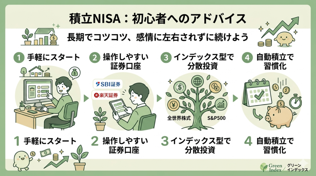 積立NISA初心者へのアドバイスをまとめた横長（16:9）の図解画像。落ち着いた緑と白を基調とした清潔感のあるデザインで、左から右へ4つのステップがイラストと共に描かれている。
1.「手軽にスタート」：パソコンを操作する誠実な印象の男性キャラクター。
2.「操作しやすい証券口座」：タブレットでSBI証券や楽天証券を検討する様子。
3.「インデックス型で分散投資」：全世界株式やS&P500を象徴する、実がなった大きな木のイラスト。
4.「自動積立で習慣化」：カレンダーと貯金箱、時計のイラスト。
上部には「長期でコツコツ、感情に左右されずに続けよう」というキャッチコピー、右下には「Green Index」のロゴが配置されている。
