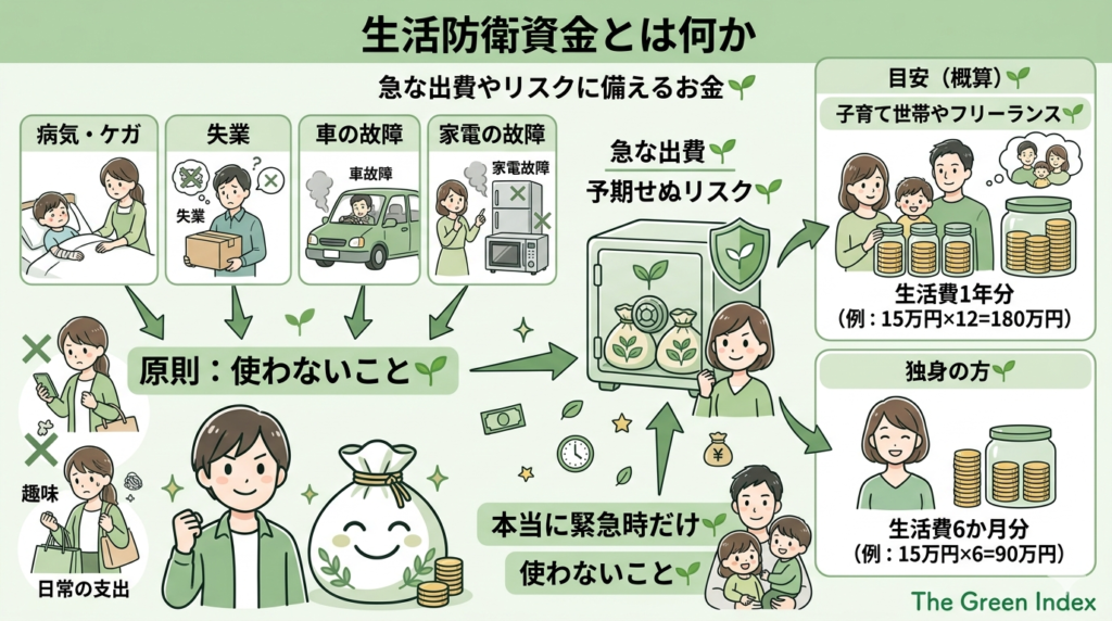 生活防衛資金とは何か」をテーマに、急な出費やリスクに備えるための現金の必要性を視覚化しています。上部には「急な出費やリスクに備えるお金 🌱」として、病気、失業、車の故障、家電の故障という具体的な予期せぬリスクを配置。そこから大きな矢印と植物のアイコンで示された積立行動を経て、下部には「原則：使わないこと 🌱」として、日常の支出や趣味には使わず、本当に緊急時だけに取り崩すという重要なルールを描き、堅実な積立行動を視覚化しています。 右側には「目安（概算） 🌱」として、子育て世帯やフリーランス、独身の方というライフステージに応じた生活費の目安（1年分、6か月分）を描き、再現性のある積立行動を視覚化しています。多様なマンガ風イラストを使用し、テキスト量は最小限（全体の5％以下）に抑えつつも、保存したくなる知的寄りな仕上がりです。色味は柔らかい緑と白を基調としています。