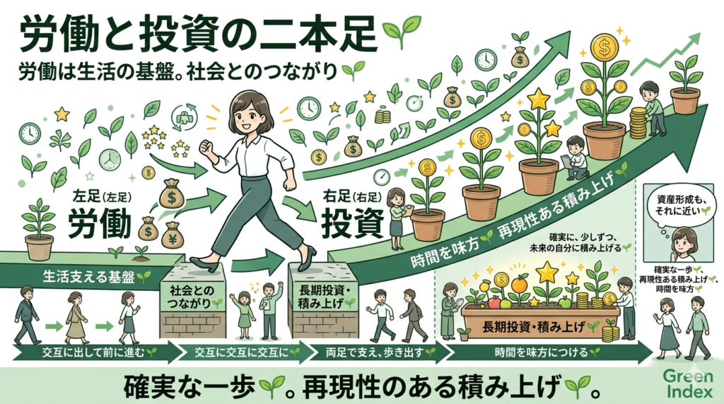 労働と投資の二本足 🌱」というテーマのもと、生活を支える労働（左足 🌱）と資産を育てる長期投資（右足 🌱）を交互に出して進む様子を視覚化しています。中央には「左足（労働） 🌱」と「右足（投資） 🌱」として、生活を支える基盤、社会とのつながり、そして長期投資と積み上げを描き、時間が味方となり確実な成果に繋がる様子を視覚化しました。 下部には「交互に出して前に進む 🌱」「交互に交互に交互に 🌱」「両足で支え、歩き出す 🌱」という大きな矢印を配置し、多様なマンガ風イラストを使用して着実な資産形成を表現しました。テキスト量は全体の5％以下に抑えつつも、保存したくなる知的寄りな仕上がりです。色味は柔らかい緑と白を基調としています。