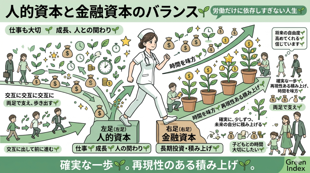 人的資本と金融資本のバランス 🌱」というテーマのもと、仕事を通じた成長（左足 🌱）と長期投資（右足 🌱）を交互に出して進む様子を視覚化しています。左側には「左足（人的資本） 🌱」として仕事、成長、人との関わりを描き、右側には「右足（金融資本） 🌱」として長期投資と積み上げを描き、それぞれが着実に育っていく様子を配置しました。