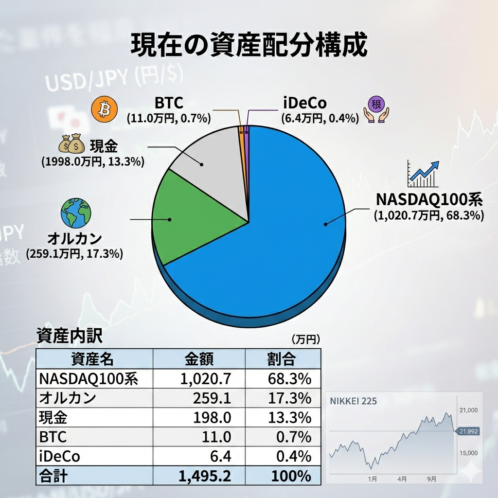 「現在の資産配分構成を示す円グラフ。内訳は、NASDAQ100系：1,020.7万円（68.3%）、オルカン：259.1万円（17.3%）、現金：198万円（13.3%）、BTC：11.0万円（0.7%）、iDeCo：6.4万円（0.4%）。」