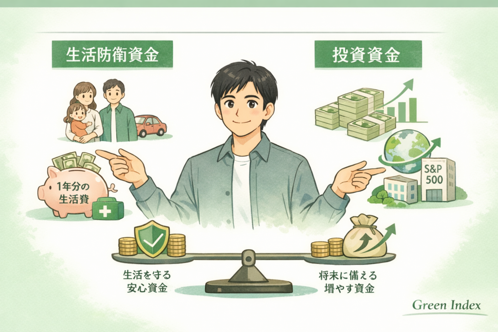 地方で子育て中の家庭を想定した資産形成の図解。中央に黒髪ショートの30代日本人男性キャラクターが微笑みながら両手で左右を指す。左側は生活防衛資金の象徴で、家族（父・母・子）と車、貯金箱に『1年分の生活費』、救急箱のイラスト。右側は投資資金の象徴で、札束、地球儀、S&P500の建物、上向き矢印で資産増加を表現。下部には天秤があり、左に『生活を守る安心資金』、右に『将来に備える増やす資金』と記載。背景は白＋柔らかい緑、右下に小さく『Green Index』ロゴ風文字。
