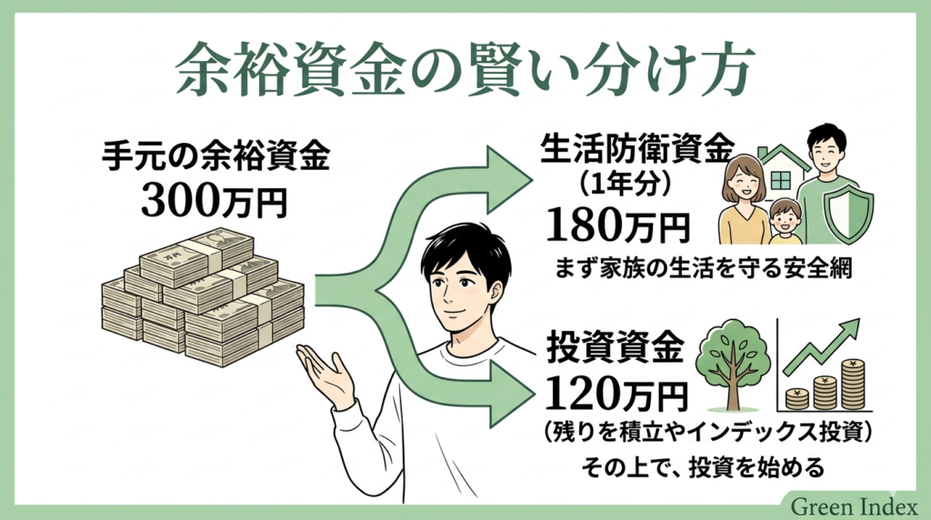 「Green Index」のブランド理念を反映した、誠実で落ち着いたトーンの図解イラスト。
中央には、清潔感のある黒髪ショートで穏やかな表情をした30代の日本人男性キャラクターが立ち、親しみやすい笑顔を向けています。
メインタイトルは、大きな明朝体フォントで「余裕資金の賢い分け方」と書かれています。
中央から左右に大きな矢印が伸びる構成で、左側には「手元の余裕資金 300万円」と、積み上げられた紙幣の山が描かれています。
右側の矢印は上下に分岐しており、上は「生活防衛資金 (1年分) 180万円」で、幸せな家族（父、母、子）、家、そして盾（安全）のイラストがあり、「まず家族の生活を守る安全網」という説明テキストが添えられています。
下は「投資資金 120万円」で、成長する木と上昇トレンドグラフ、積み上がったコインのイラストがあり、「(残りを積立やインデックス投資) その上で、投資を始める」という説明テキストが添えられています。
右下に小さく「Green Index」のロゴ風文字が配置されています。
全体は白をベースに柔らかい緑色で統一され、シンプルで余白が多く、知的で静かな印象を与えています。
キャラクターは穏やかで前向きな表情です。