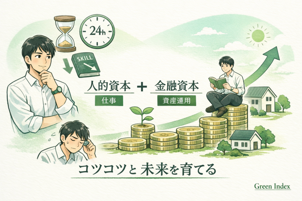 柔らかい緑基調の図解イラスト。左に砂時計や「24h」の時計、スキル低下を示す本と矢印。中央に「人的資本＋金融資本」。右にコインの上で本を読む30代男性と上向き矢印。下部に「コツコツと未来を育てる」。右下にGreen Indexロゴ。
