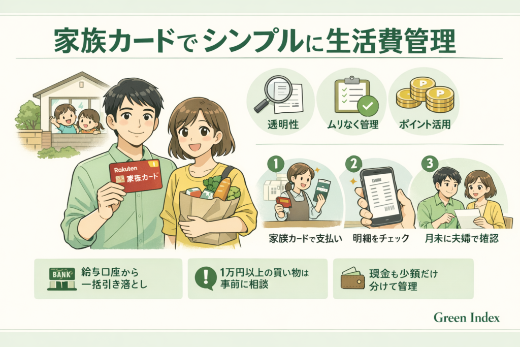 家族カードで生活費をシンプルに管理する方法を解説した、緑基調のマンガ風インフォグラフィック。30代夫婦と子どものイラストを中心に、透明性・無理のない管理・ポイント活用のメリットや、支払い→明細確認→月末チェックの流れ、運用ルール（給与口座引き落とし・高額支出は事前相談・現金併用）を視覚的にまとめている。