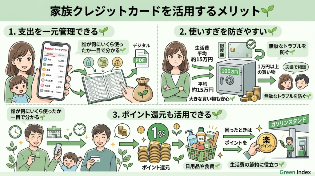 家族クレジットカードを活用するメリット」をテーマに、親しみやすいマンガ風イラストを大きく配置し、テキスト量は最小限（全体の5％以下）に抑えました。左側には「支出を一元管理できる」として、アプリで誰が何に使ったかが一目で分かる様子を配置。中央には「使いすぎを防ぎやすい」として、生活費の平均約15万円と、限度額100万円、そして1万円以上の相談ルールを描き、堅実な家計管理を視覚化しました。右側には「ポイント還元も活用できる」として、1%還元やポイント利用シーンを描き、節約につながるメリットを表現しました