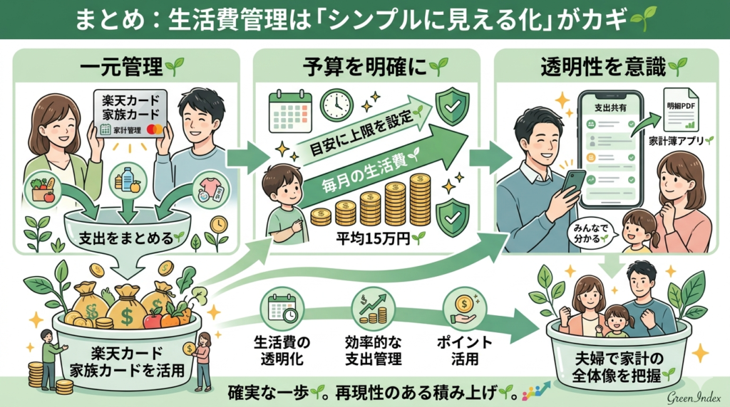 生活費管理は『シンプルに見える化』がカギ」というまとめとして、3つのポイントを配置しました。上部には「一元管理 🌱」として、楽天カード家族カードを使い支出をまとめる様子を、「予算を明確に 🌱」として毎月の平均15万円を上限に設定する様子を、「透明性を意識 🌱」として明細PDFや家計簿アプリで支出を共有する様子を視覚化しました。