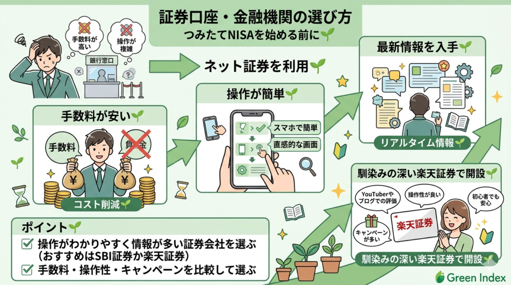 証券口座・金融機関の選び方」をテーマに、つみたてNISAを始める前に役立つポイントを視覚化しています。上部には「つみたてNISAを始める前に 🌱」として、銀行窓口での手数料や操作の複雑さへの Distressed と、「ネット証券を利用 🌱」として手数料の安さ、操作の簡単さ、最新情報の入手というメリットを対比させました。 下部には「馴染みの深い楽天証券で開設 🌱」として、YouTuberやブログでの評価、操作性の良さ、キャンペーンの多さという選択基準を描き、堅実な積立行動を視覚化しています。多様なマンガ風イラストを使用し、テキスト量は最小限（全体の5％以下）に抑えつつも、保存したくなる知的寄りな仕上がりです。色味は柔らかい緑と白を基調としています。