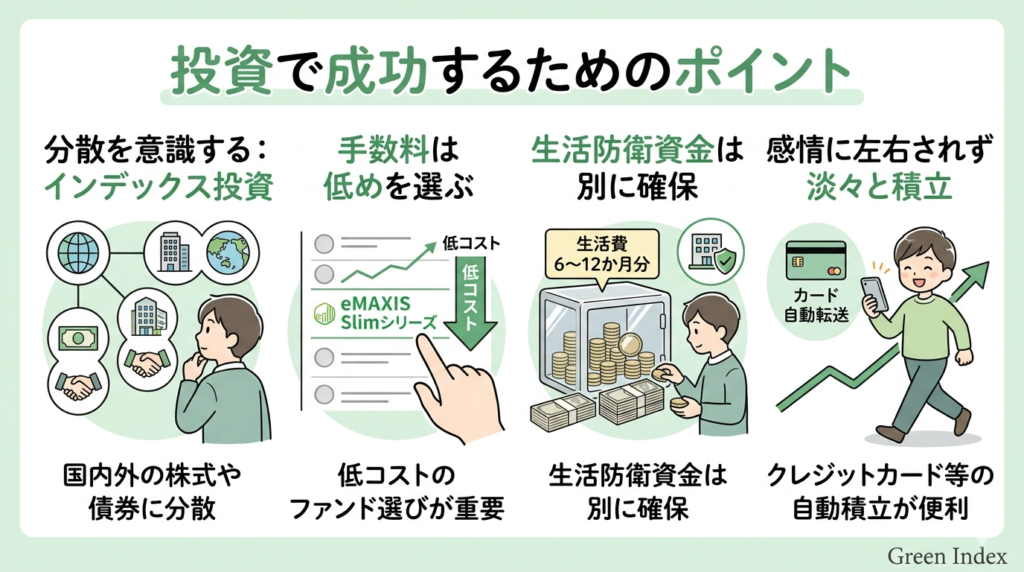 投資で成功するための4つのポイントをまとめたマンガ風の図解。落ち着いた緑と白を基調としたデザイン。左から「分散投資（国内外の株式・債券）」「低コストなファンド選び（eMAXIS Slim）」「生活防衛資金の確保（6〜12か月分）」「自動積立の活用」の4項目を、親しみやすいイラストと共に解説。右下には「Green Index」のロゴ。