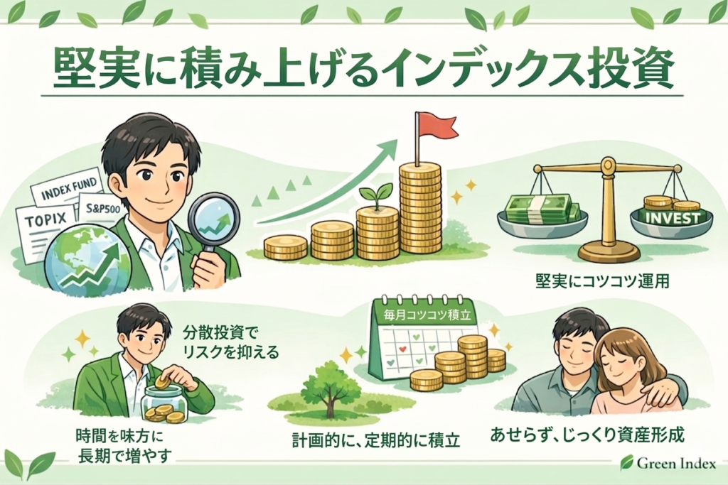 インデックス投資の基本をやさしく解説する図解イラスト。30代の日本人男性キャラクターが指数やグラフを確認しながら、コツコツ積立によって資産が成長していく様子を表現。分散投資・低コスト・長期運用といった安心ポイントや、家族と穏やかに資産形成するイメージが描かれている。