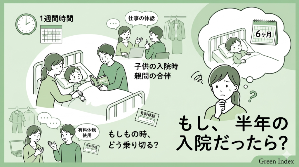 落ち着いた緑と白を基調とした、子供の入院と仕事の両立をテーマにした図解画像。左側には親が病室で子供に付き添う様子や、夫婦で有給休暇の相談をするマンガ風のイラストが配置されている。右側には「もし、半年の入院だったら？」という大きな問いかけのテキストと、長期入院を想像して不安そうな表情を浮かべる母親のイラストが描かれている。右下には「Green Index」のロゴがある。