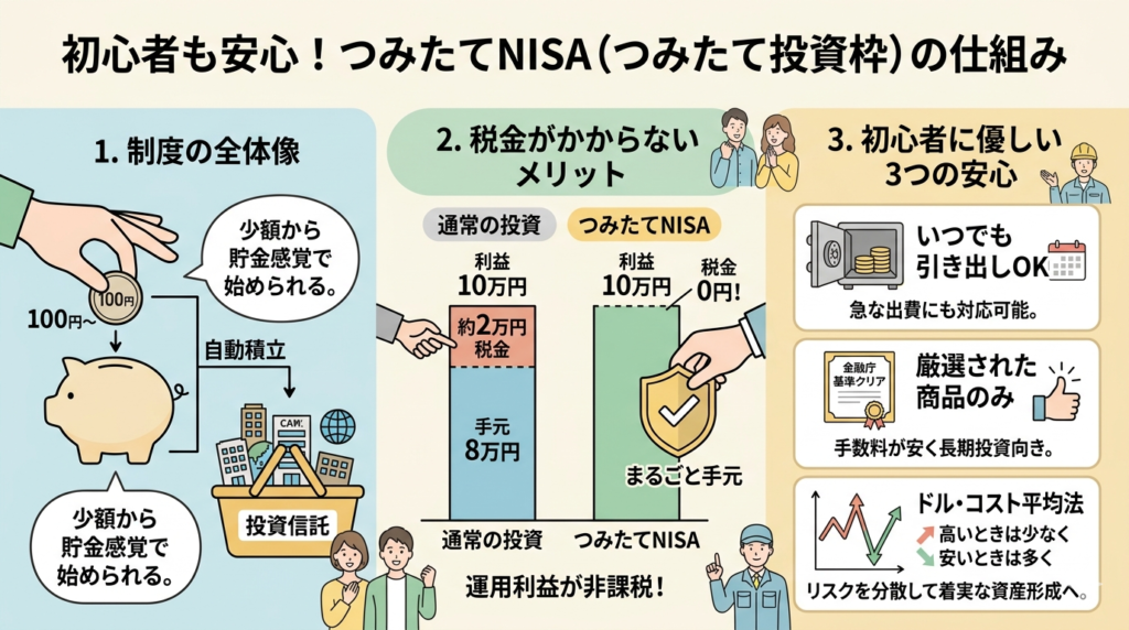 「初心者も安心！つみたてNISA（つみたて投資枠）の仕組み」と題された図解。1枚の画像を3つのセクションに分けて説明しています。 1.「制度の全体像」では、100円から貯金感覚で自動積立し、投資信託という詰め合わせパックを購入するイメージ。 2.「税金がかからないメリット」では、通常の投資では利益から約2万円の税金が引かれるのに対し、つみたてNISAは利益がまるごと手元に残ることを比較。 3.「初心者に優しい3つの安心」では、いつでも引き出し可能であること、金融庁厳選の低コスト商品のみであること、ドル・コスト平均法でリスクを分散できることをアイコン付きで解説しています。