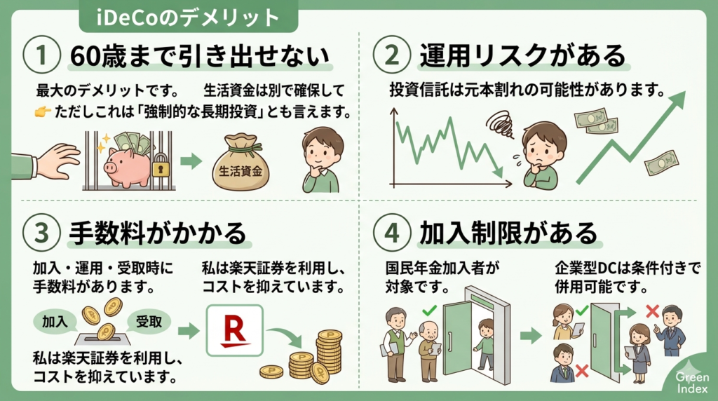 iDeCoの4つのデメリットを解説する、落ち着いた緑と白を基調とした図解画像。1. 60歳まで引き出せない（檻の中の貯金箱と生活資金の袋のイラスト）、2. 運用リスクがある（下落するグラフと悩む男性のイラスト）、3. 手数料がかかる（コインと楽天証券のロゴをイメージしたアイコン）、4. 加入制限がある（扉の前に並ぶ人々のイラスト）の4項目が、親しみやすいマンガ風のイラストと共にシンプルに配置されています。右下には「Green Index」のロゴが入っています。