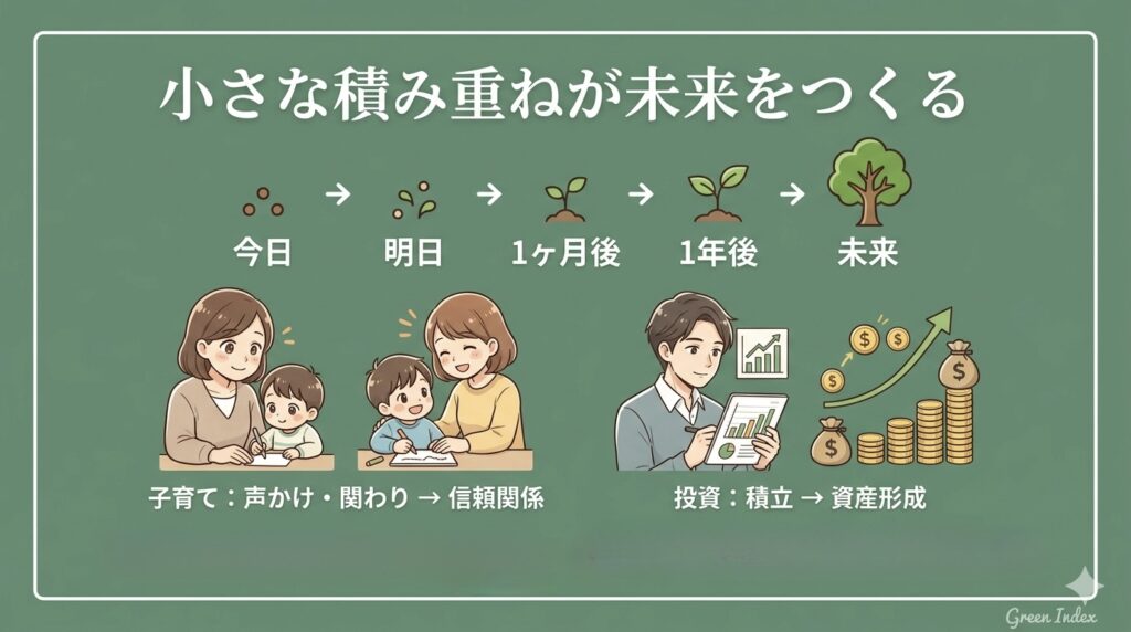 落ち着いた緑色を背景に、種から芽が出て大きな木へと成長していくプロセスと、子育て（親子の関わり）や投資（資産形成）の積み重ねを対比させた図解。右下に「Green Index」のロゴが配置されている。