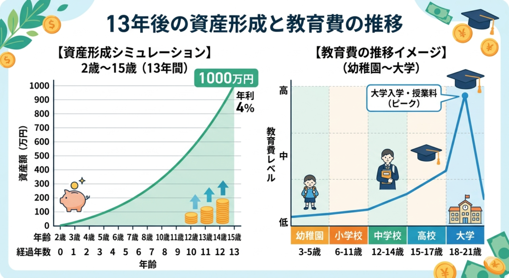 2歳から15歳までの13年間、年利4%の複利運用で1000万円を目指す資産形成シミュレーションと、幼稚園から大学までのライフステージ別教育費推移の比較図解。左側は資産の複利成長曲線、右側は大学入学時に支出がピークを迎える教育費の傾向を示している。